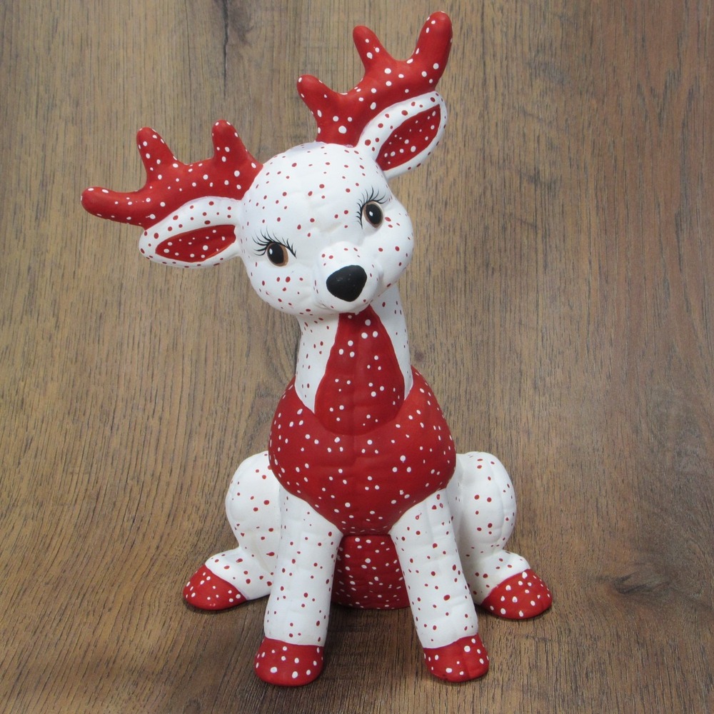 Vtg Kimble Ceramic Softee Sitting Reindeer Red White Polka Dot 10" Haind Painted